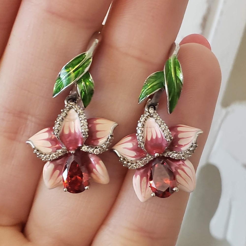 Flower Silver Earrings Red Crystal